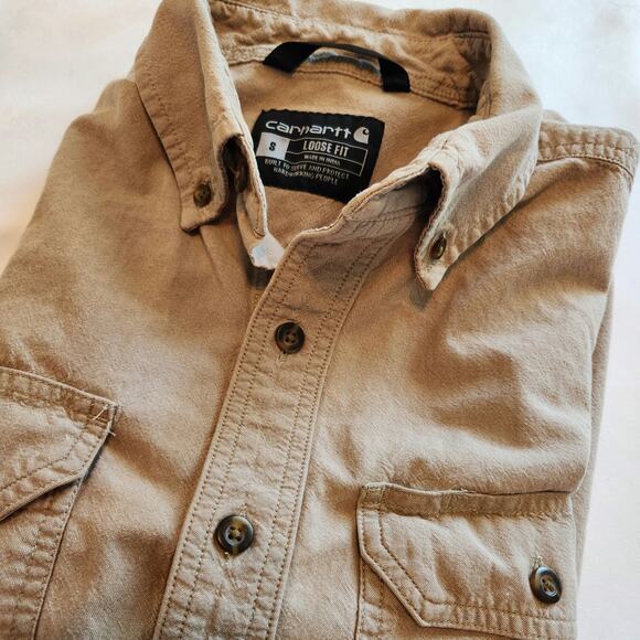 Carhartt S Loose Fit 104369-256 Short Sleeve Tan Chambray Work Shirt 100% Cotton - Picture 1 of 10